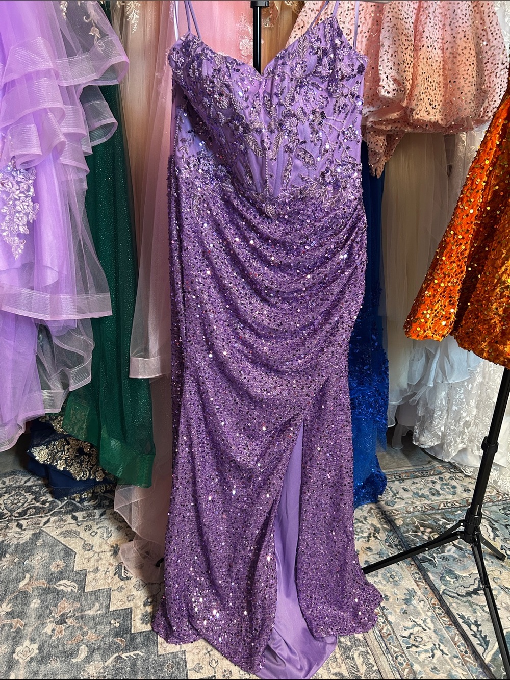 Mac Duggal Lavender Sequin Ruched Prom Gown